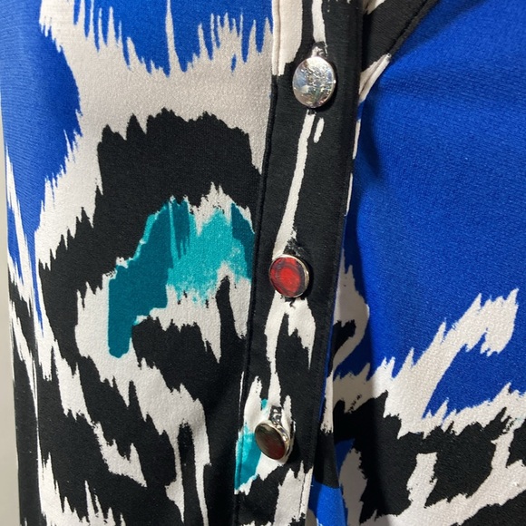 Alfani Top/Blouse Women Size XL Black White & Blue Button Placket Cap Sleeve - Picture 5 of 9